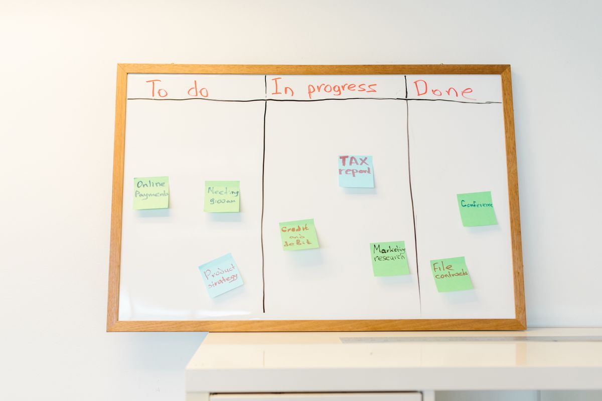 Whiteboard met gekleurde post-its verdeeld over kolommen tijdens een teamretrospective